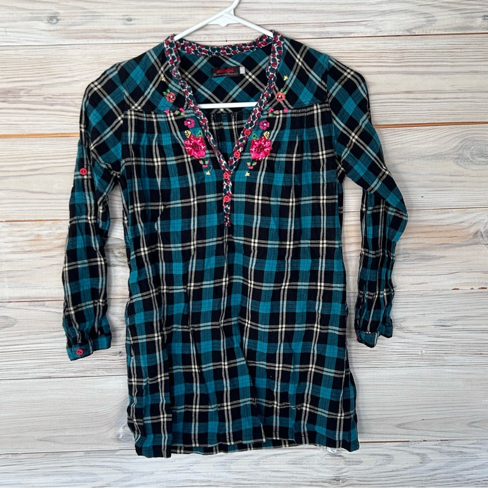 Catimini Plaid Shirt Dress Girls Size 10 | Embroidered Boho Tunic